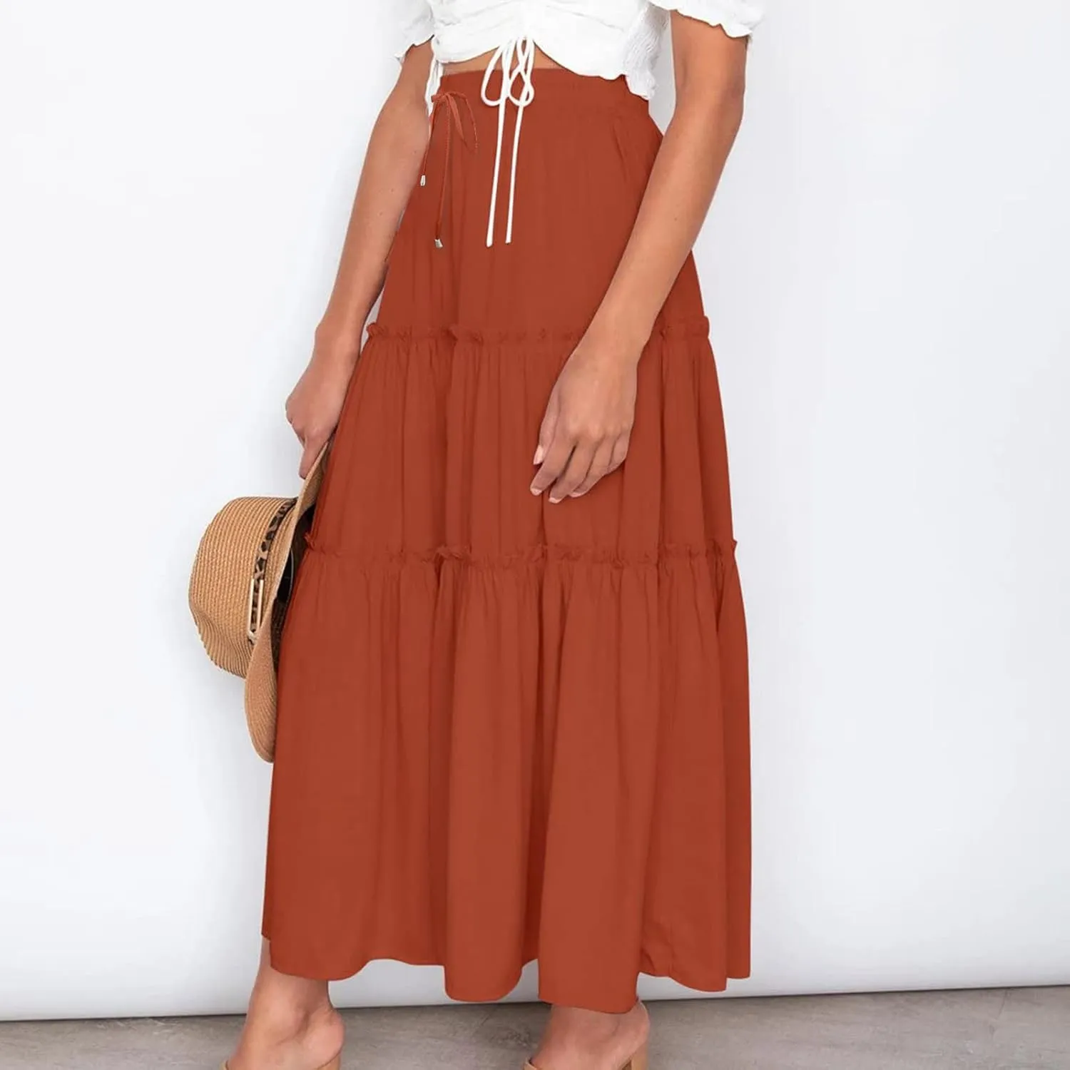 Women High Waist Casual Maxi Skirts Elastic Drawstring Pleated Long Skirt Loose Swing Beach Boho Skirt Half Dress