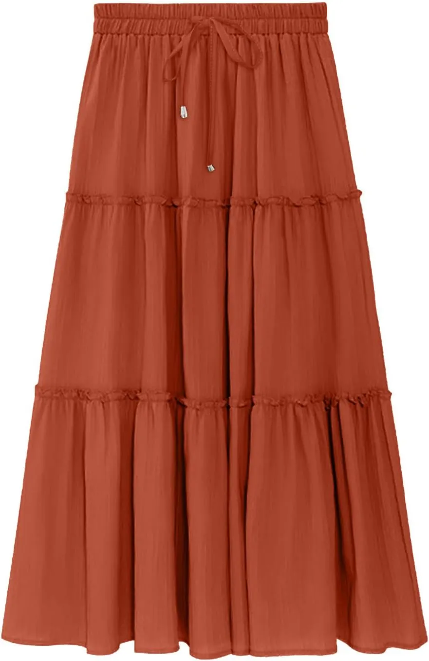 Women High Waist Casual Maxi Skirts Elastic Drawstring Pleated Long Skirt Loose Swing Beach Boho Skirt Half Dress