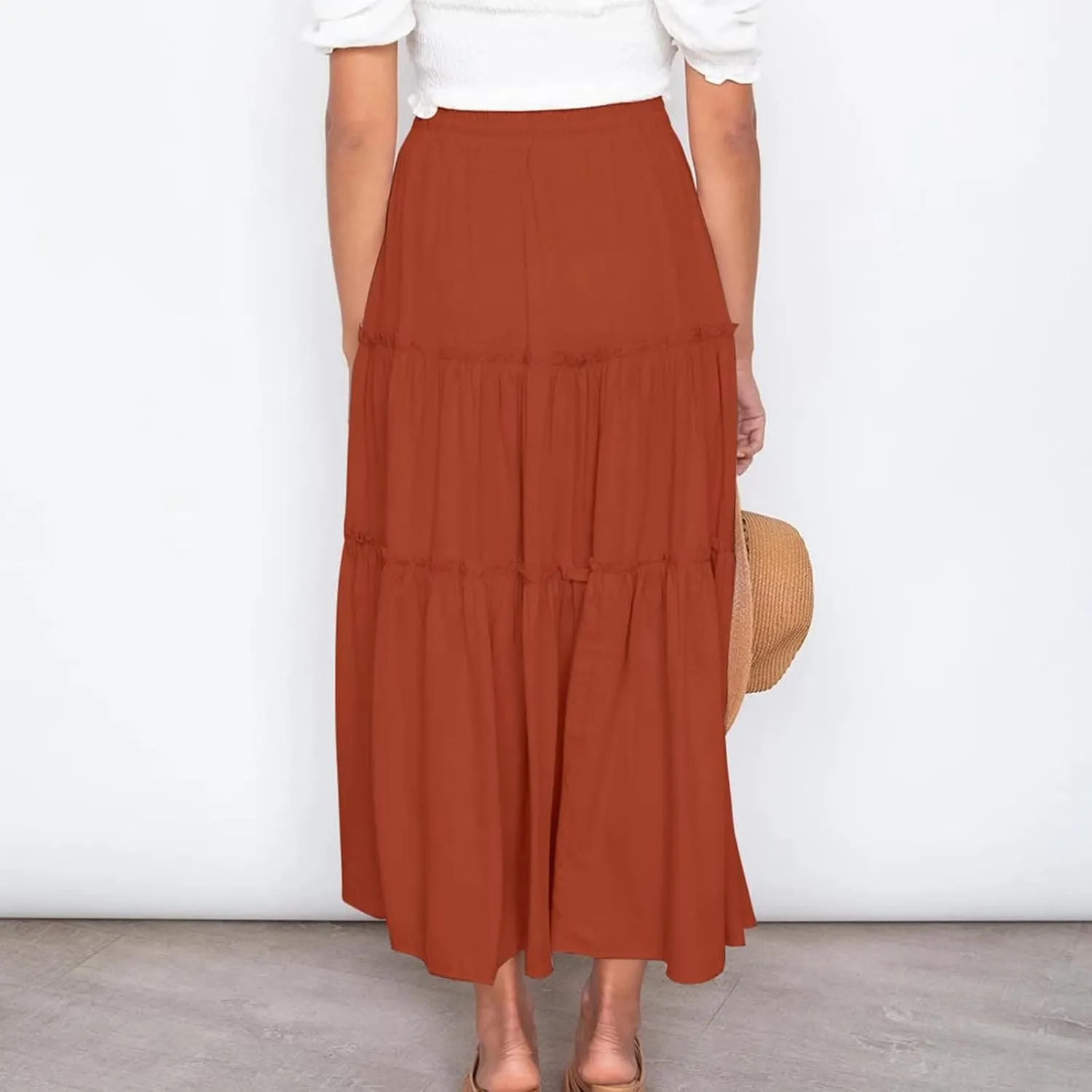 Women High Waist Casual Maxi Skirts Elastic Drawstring Pleated Long Skirt Loose Swing Beach Boho Skirt Half Dress