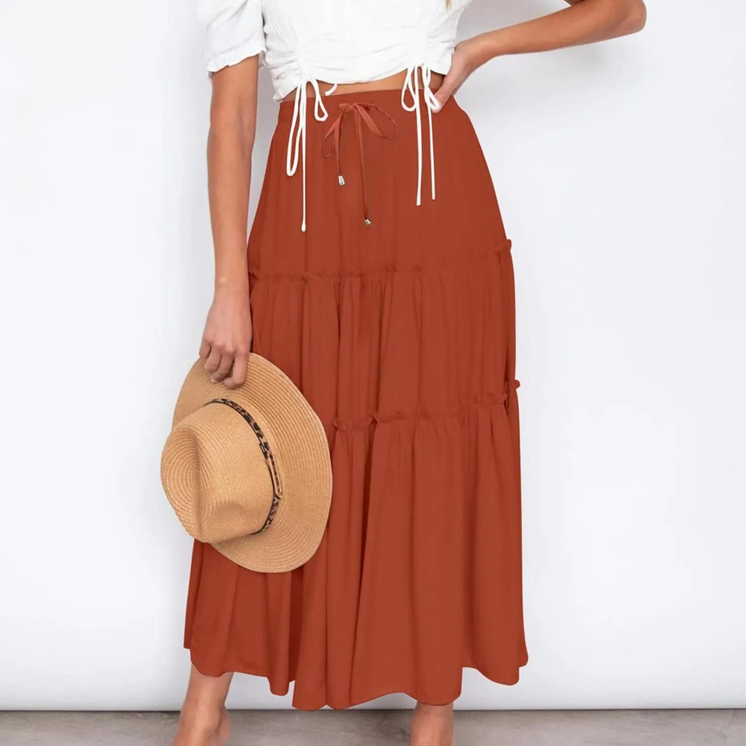 Women High Waist Casual Maxi Skirts Elastic Drawstring Pleated Long Skirt Loose Swing Beach Boho Skirt Half Dress