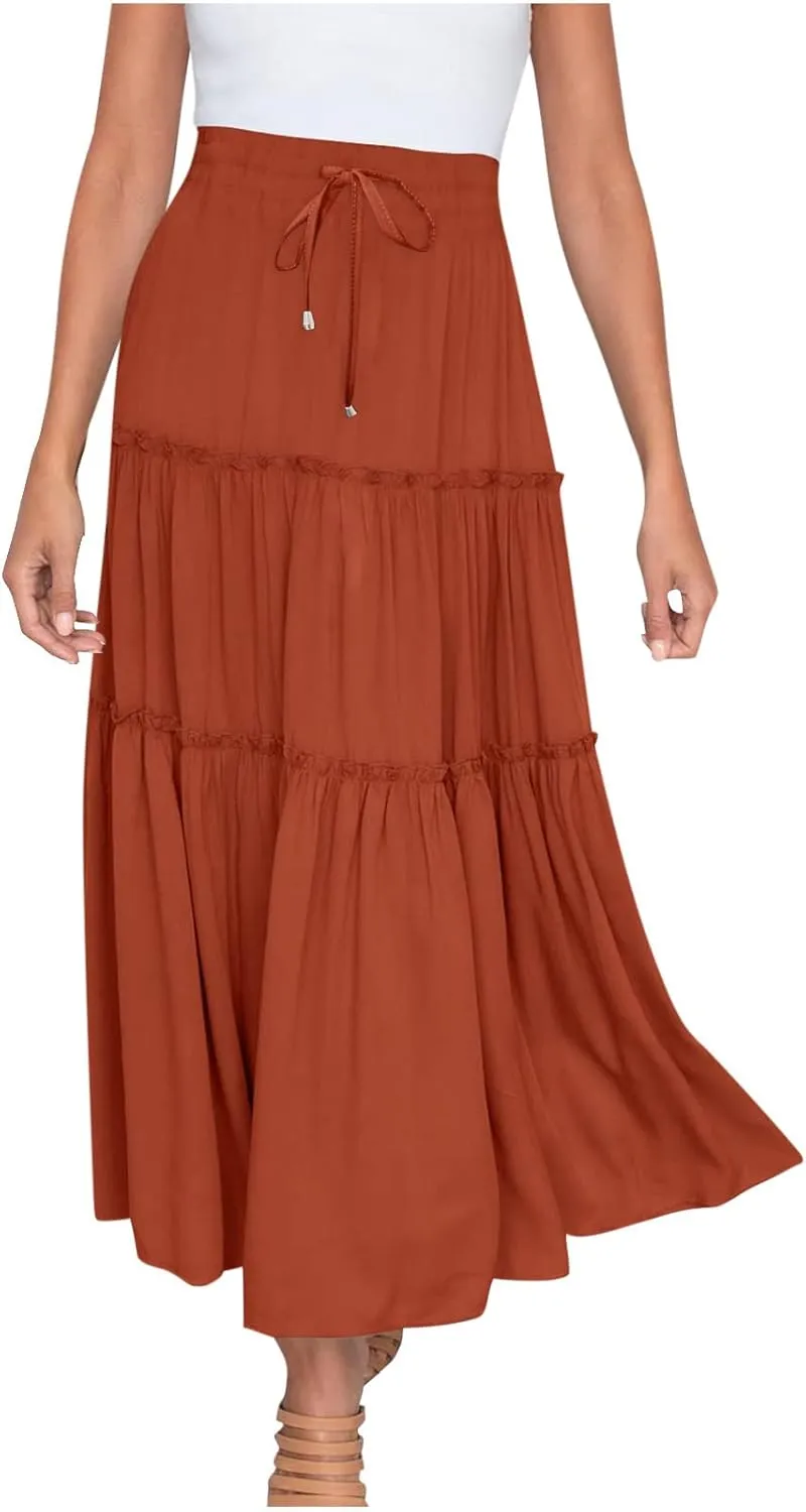 Women High Waist Casual Maxi Skirts Elastic Drawstring Pleated Long Skirt Loose Swing Beach Boho Skirt Half Dress