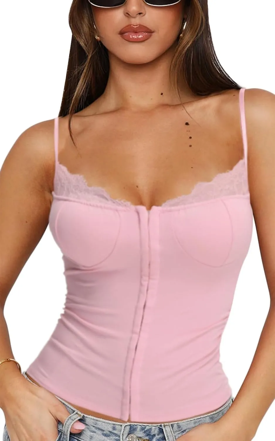 Women Lace Trim Tank Cami Top with Built in Bra Cute Padded Lingerie for Summer Date Night Going Out