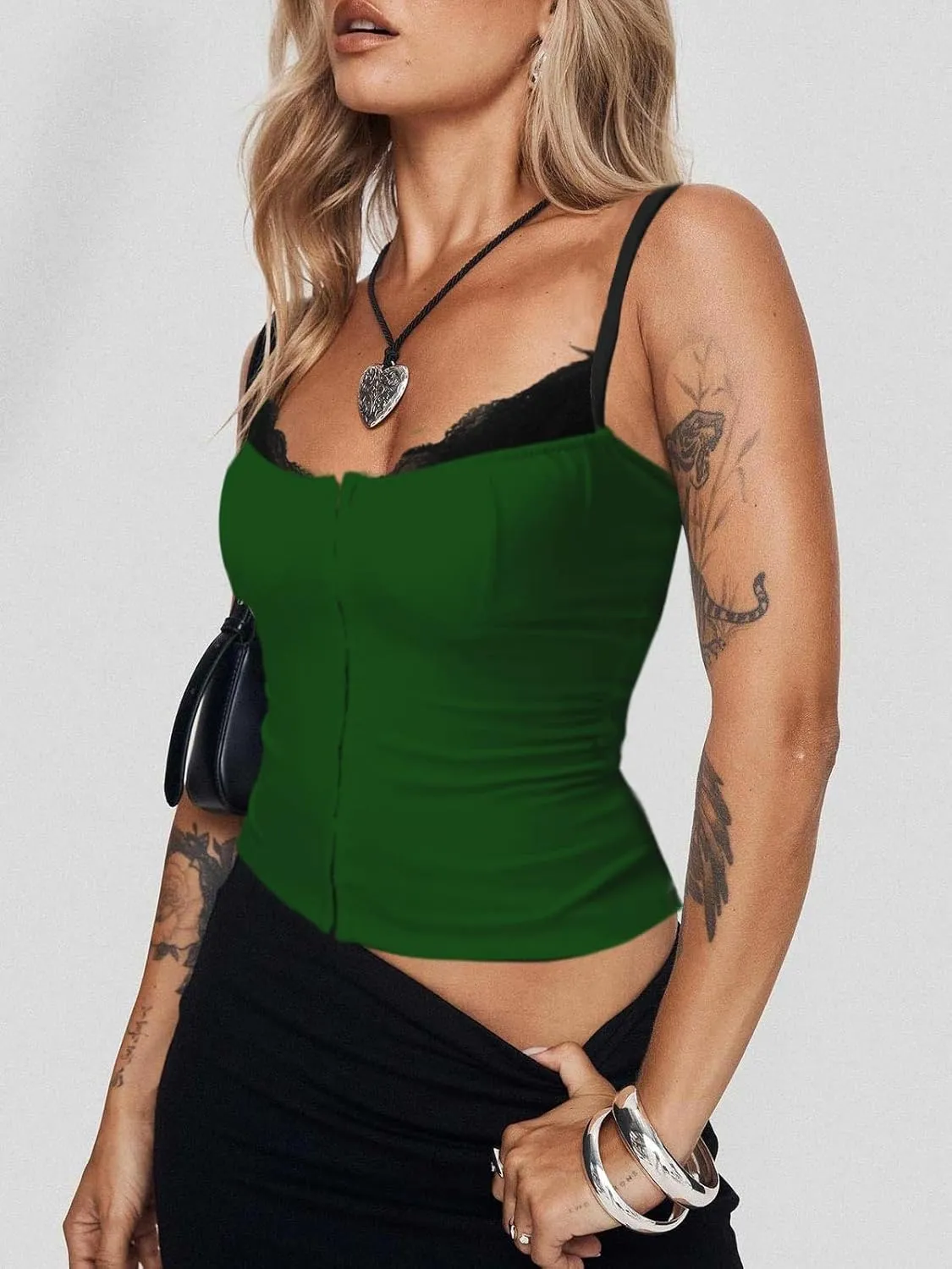 Women Lace Trim Tank Cami Top with Built in Bra Cute Padded Lingerie for Summer Date Night Going Out