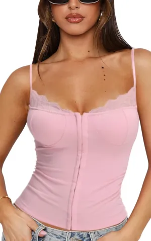 Women Lace Trim Tank Cami Top with Built in Bra Cute Padded Lingerie for Summer Date Night Going Out
