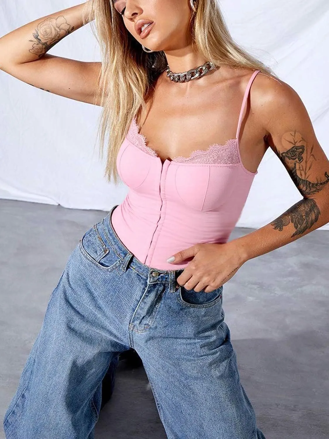 Women Lace Trim Tank Cami Top with Built in Bra Cute Padded Lingerie for Summer Date Night Going Out