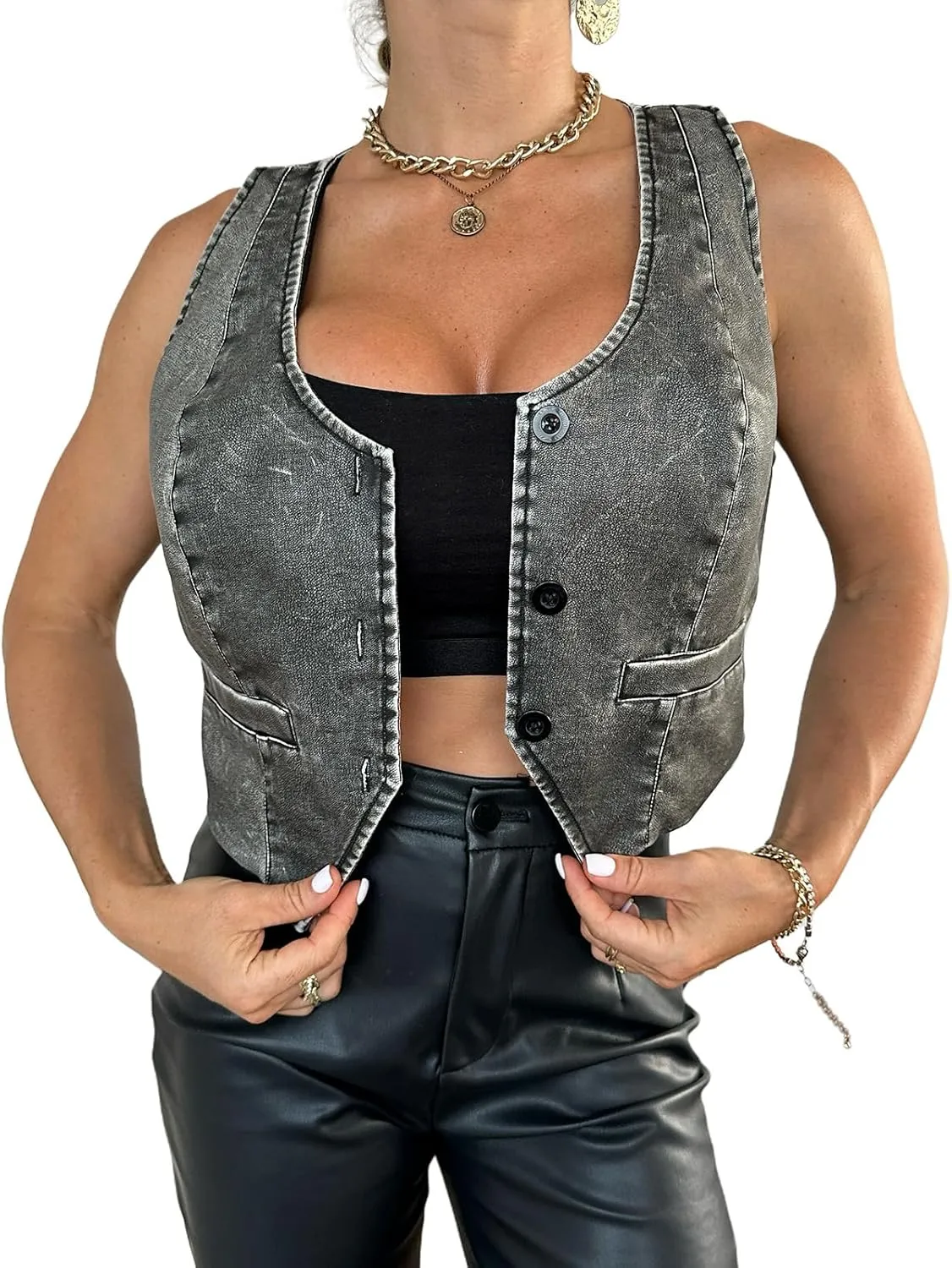 Women Leather Vest Motorcycle Zipper Up Sleeveless Crop Tops Sexy Faux Leather Jacket with Belt