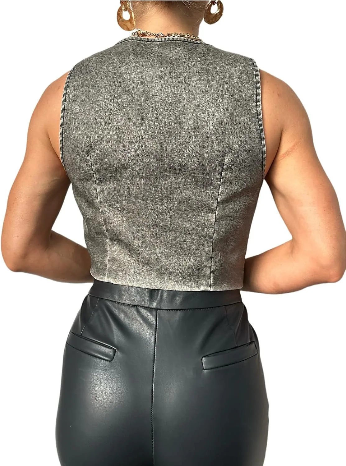 Women Leather Vest Motorcycle Zipper Up Sleeveless Crop Tops Sexy Faux Leather Jacket with Belt
