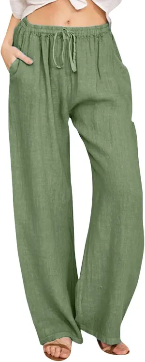 Women Linen Blend Summer Baggy Pants Low Waist Long Lounge Plus Size Pant Trousers Trendy