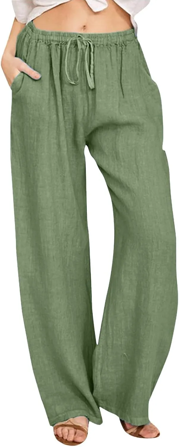 Women Linen Blend Summer Baggy Pants Low Waist Long Lounge Plus Size Pant Trousers Trendy