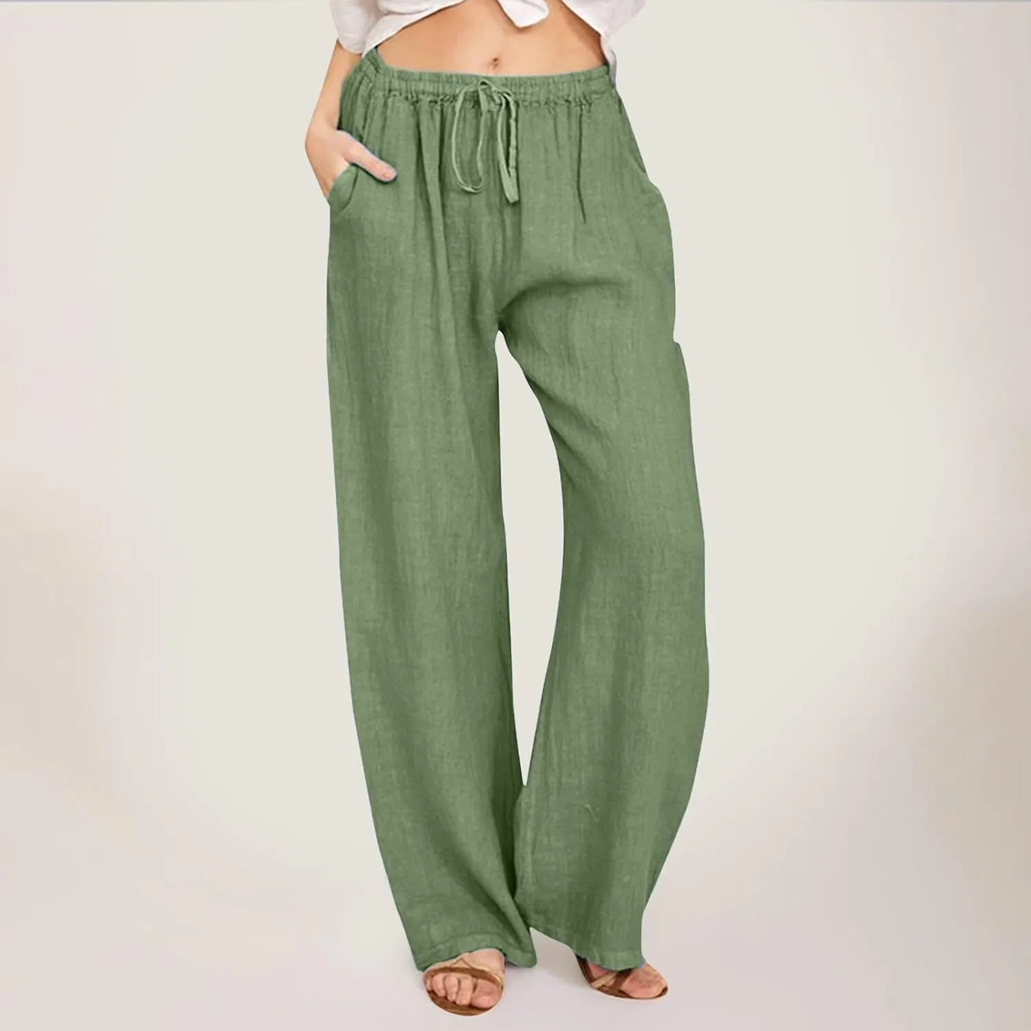 Women Linen Blend Summer Baggy Pants Low Waist Long Lounge Plus Size Pant Trousers Trendy