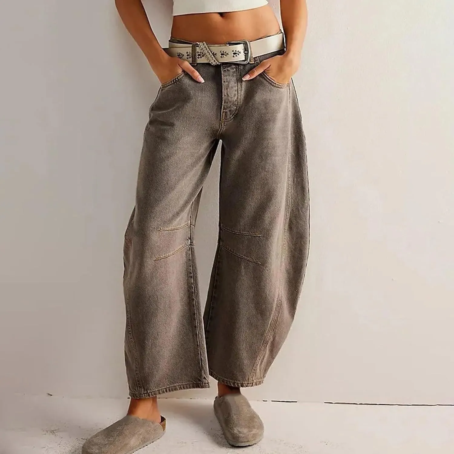 Women Linen Blend Summer Split Flowy Pants High Waist Wide Leg Slim Fit Trousers Work Business