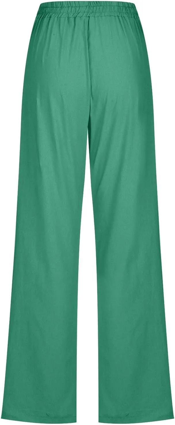 Women Linen Pant Straight Leg Drawstrings High Waist Trousers 2025 Summer Casual Lightweight Breathable Joggers Pants