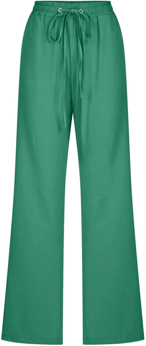 Women Linen Pant Straight Leg Drawstrings High Waist Trousers 2025 Summer Casual Lightweight Breathable Joggers Pants