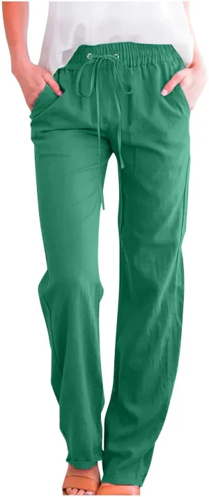 Women Linen Pant Straight Leg Drawstrings High Waist Trousers 2025 Summer Casual Lightweight Breathable Joggers Pants