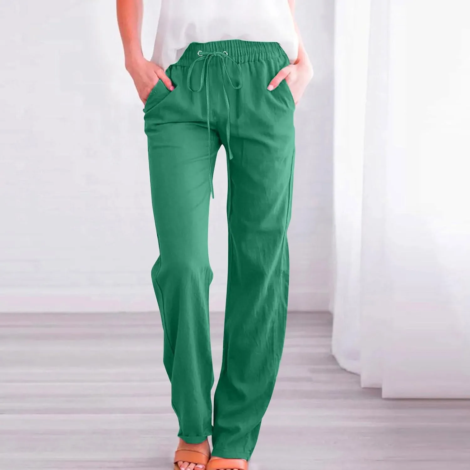 Women Linen Pant Straight Leg Drawstrings High Waist Trousers 2025 Summer Casual Lightweight Breathable Joggers Pants
