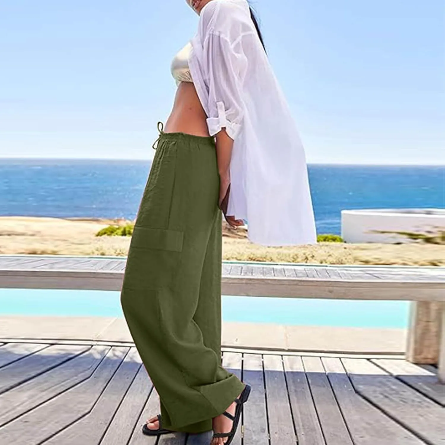 Women Palazzo Pants with Pockets Summer Casual Wide Leg High Waist Lounge Pants Flowy Beach Trousers Travel