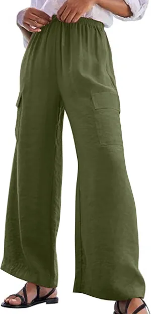 Women Palazzo Pants with Pockets Summer Casual Wide Leg High Waist Lounge Pants Flowy Beach Trousers Travel