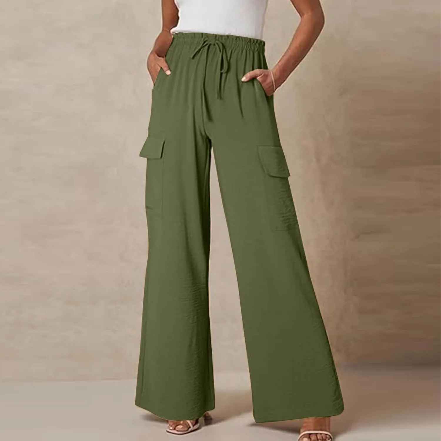 Women Palazzo Pants with Pockets Summer Casual Wide Leg High Waist Lounge Pants Flowy Beach Trousers Travel