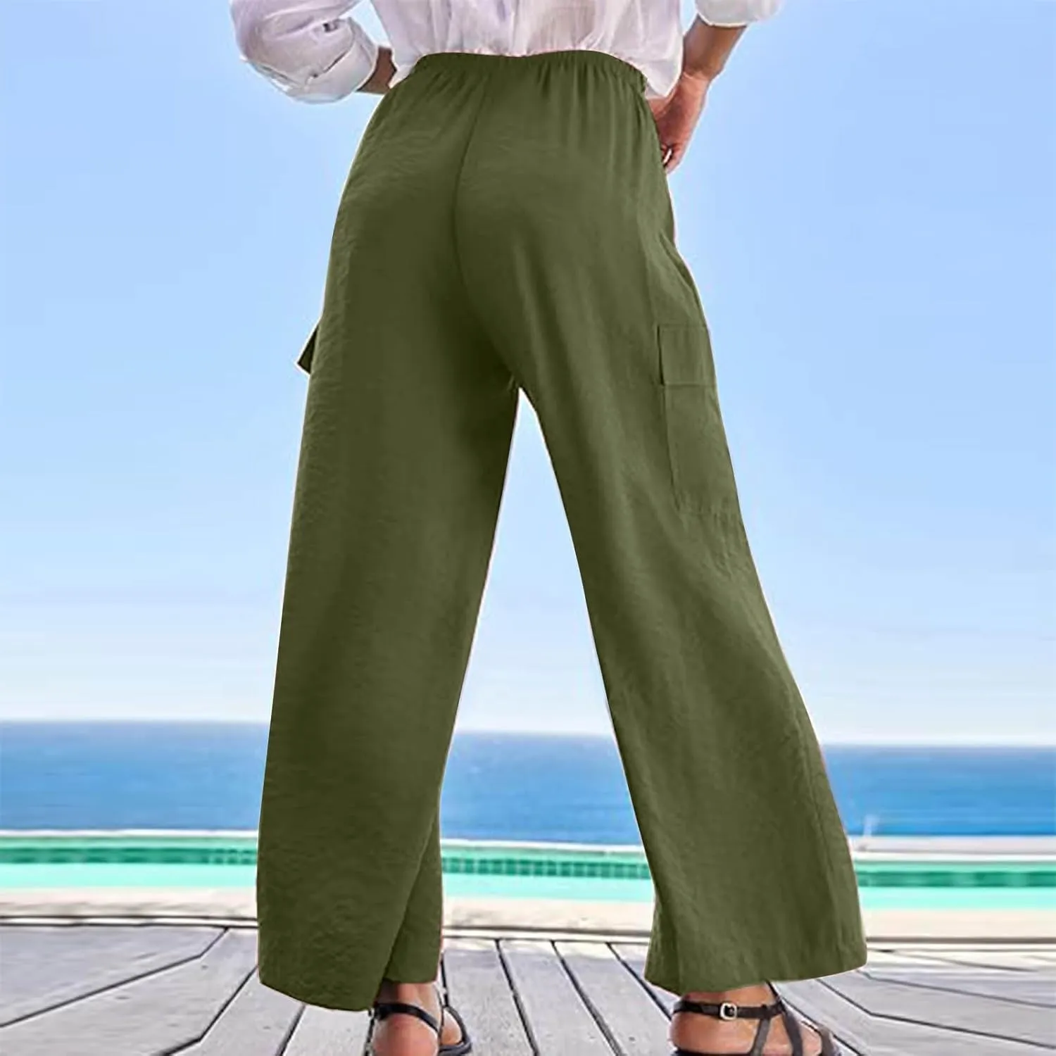 Women Palazzo Pants with Pockets Summer Casual Wide Leg High Waist Lounge Pants Flowy Beach Trousers Travel