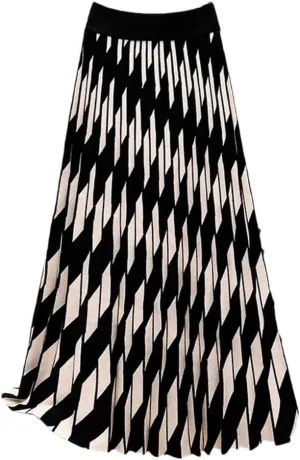 Women Plaid Print Knit Long Skirt Vintage High Waist A Line Pleated Midi Skirts