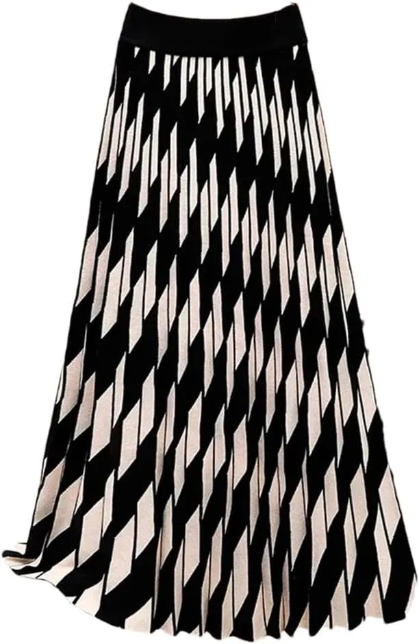 Women Plaid Print Knit Long Skirt Vintage High Waist A Line Pleated Midi Skirts