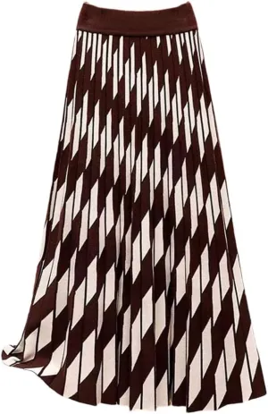Women Plaid Print Knit Long Skirt Vintage High Waist A Line Pleated Midi Skirts