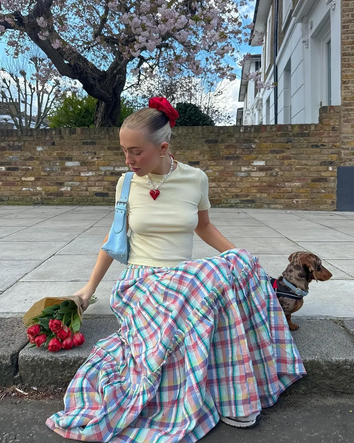 Women Plaid Print Midi Skirts Elastic High Waist A Line Pleated Flowy Maxi Skirts Casual Tiered Summer Skirts