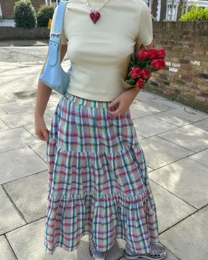 Women Plaid Print Midi Skirts Elastic High Waist A Line Pleated Flowy Maxi Skirts Casual Tiered Summer Skirts