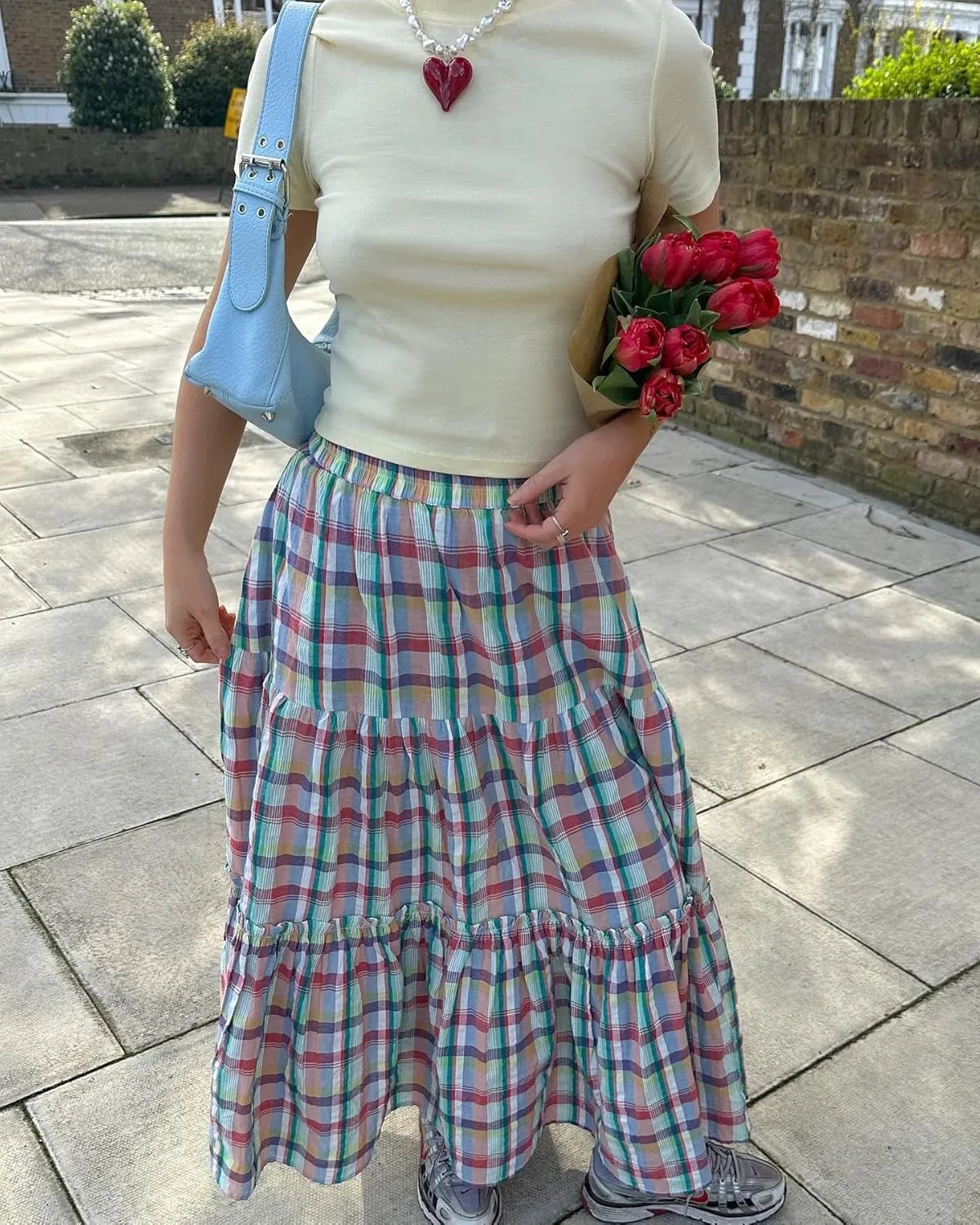 Women Plaid Print Midi Skirts Elastic High Waist A Line Pleated Flowy Maxi Skirts Casual Tiered Summer Skirts