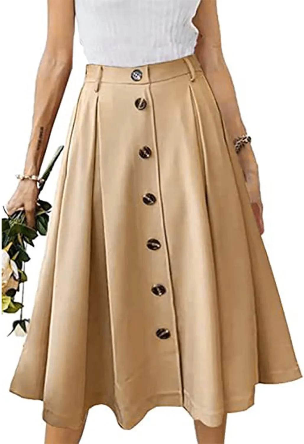 Women Pleated A-line Midi Skirts Elastic Waist Button Front Skirt Casual Flared Long Skirts with Pocket for Womens