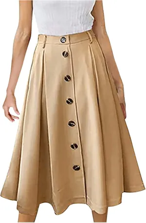 Women Pleated A-line Midi Skirts Elastic Waist Button Front Skirt Casual Flared Long Skirts with Pocket for Womens