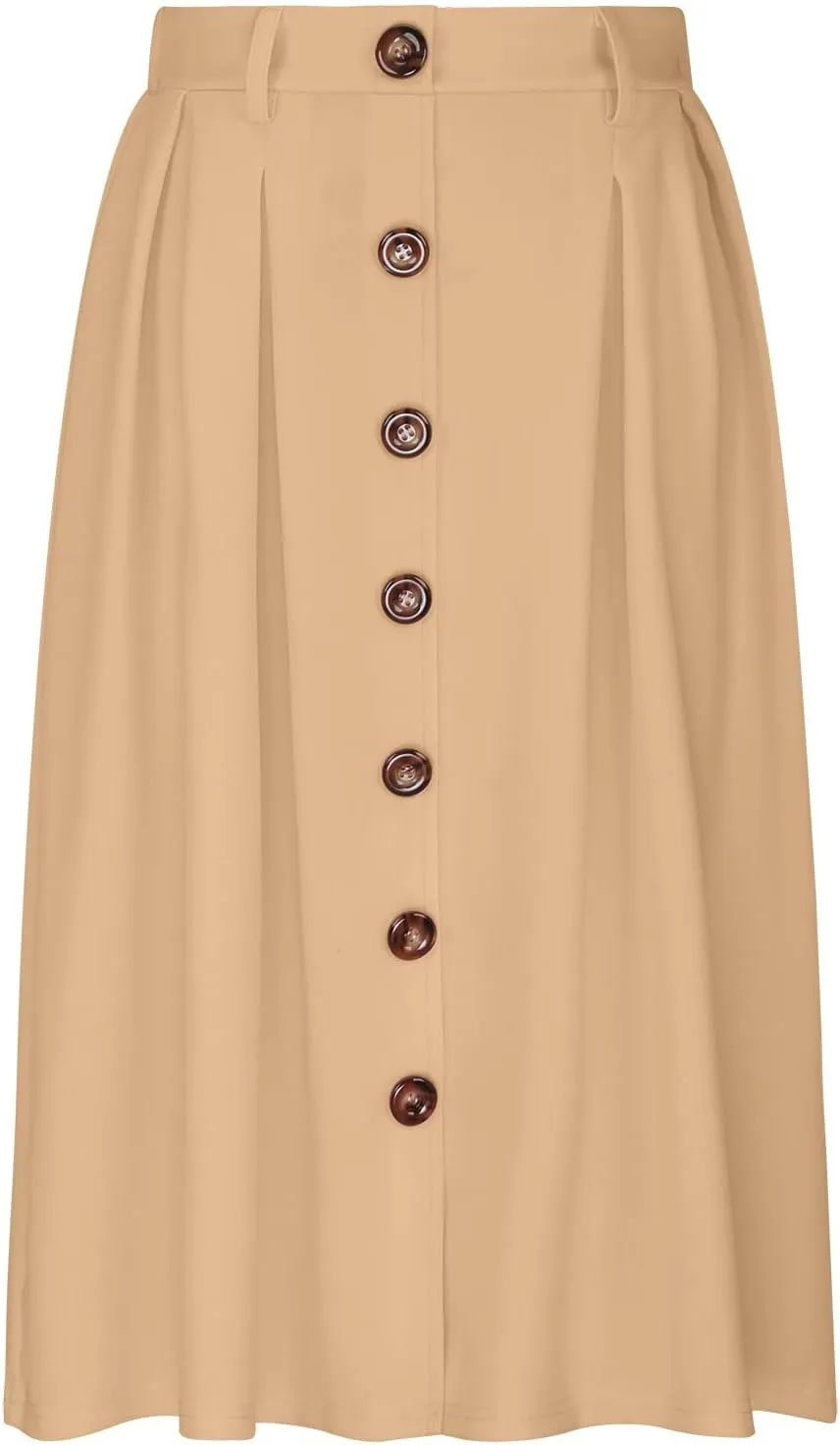 Women Pleated A-line Midi Skirts Elastic Waist Button Front Skirt Casual Flared Long Skirts with Pocket for Womens
