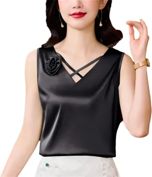 Women Satin Flower Camisole V-Neck Tank Tops Spring Summer Vest