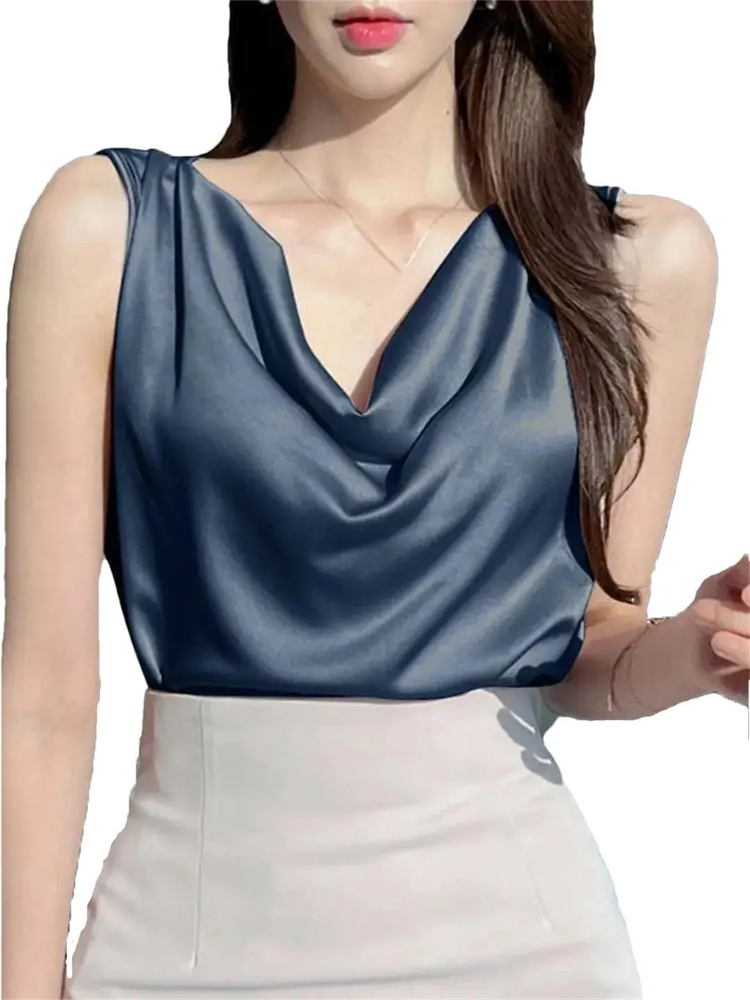 Women Satin Solid Color Sleeveless Tank Tops Elegant Korean Style Sexy Office Cowl Neck Camisole