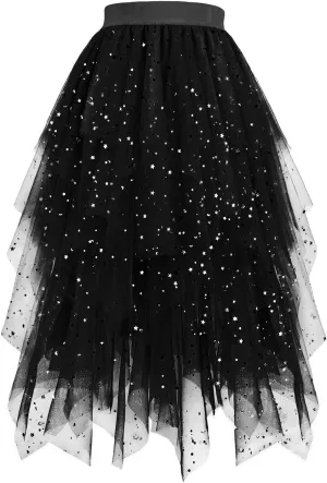 Women Sequin Tulle Tutu Skirt, Fashion Layered Irregular Hem Puffy Fairy Skirts High Waisted Comfy Sparkly Party Clothes