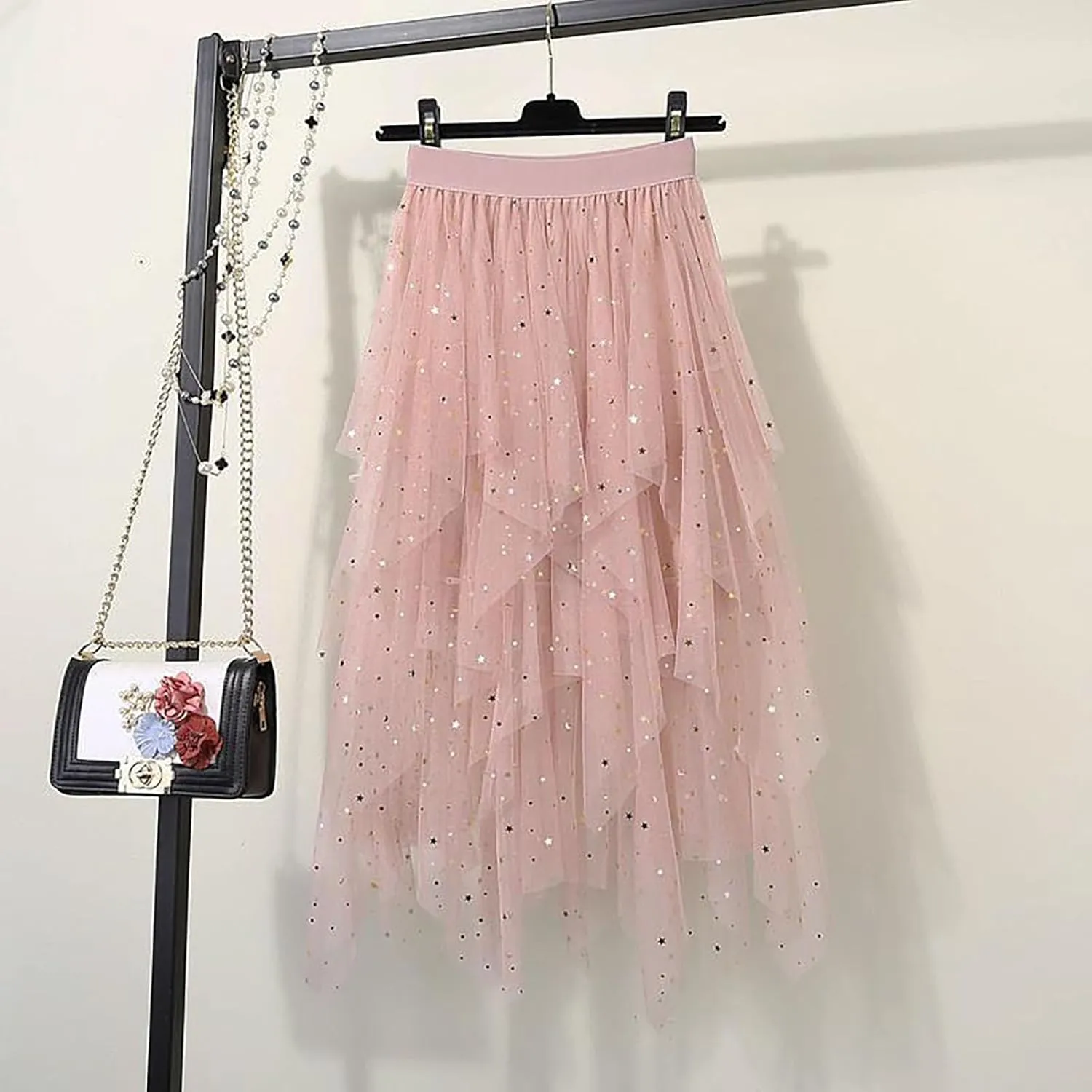 Women Sequin Tulle Tutu Skirt, Fashion Layered Irregular Hem Puffy Fairy Skirts High Waisted Comfy Sparkly Party Clothes