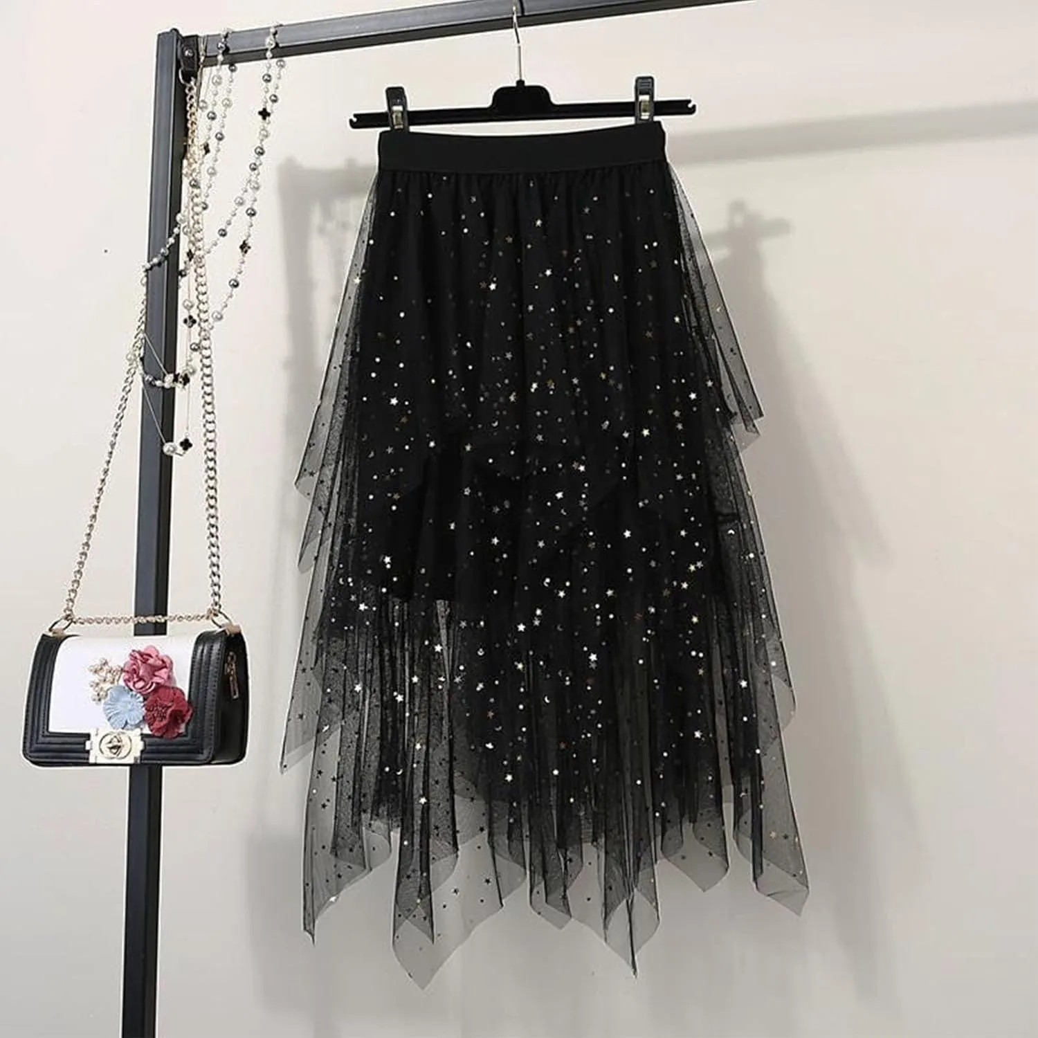 Women Sequin Tulle Tutu Skirt, Fashion Layered Irregular Hem Puffy Fairy Skirts High Waisted Comfy Sparkly Party Clothes