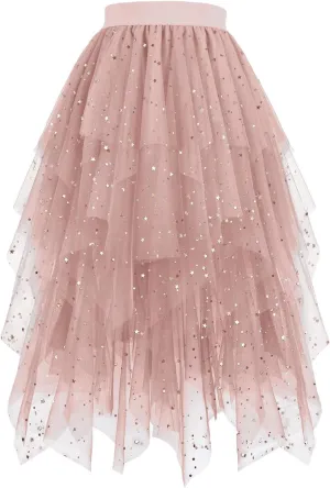 Women Sequin Tulle Tutu Skirt, Fashion Layered Irregular Hem Puffy Fairy Skirts High Waisted Comfy Sparkly Party Clothes