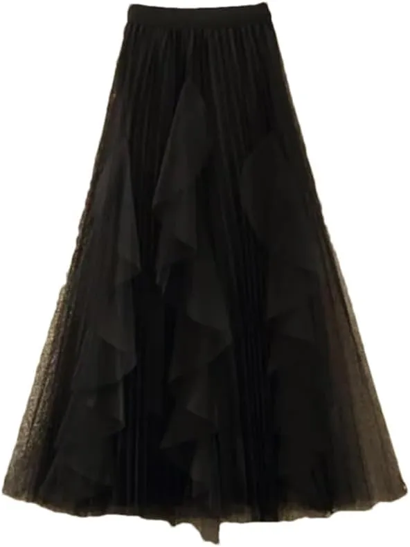 Women Spring Summer Elastic High Waist A-Line Skirt Female Midi Long Mesh Party Skirts