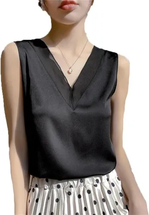 Women Strap Top Halter V Neck Basic Cami Sleeveless Satin Silk Tank Tops Camisole