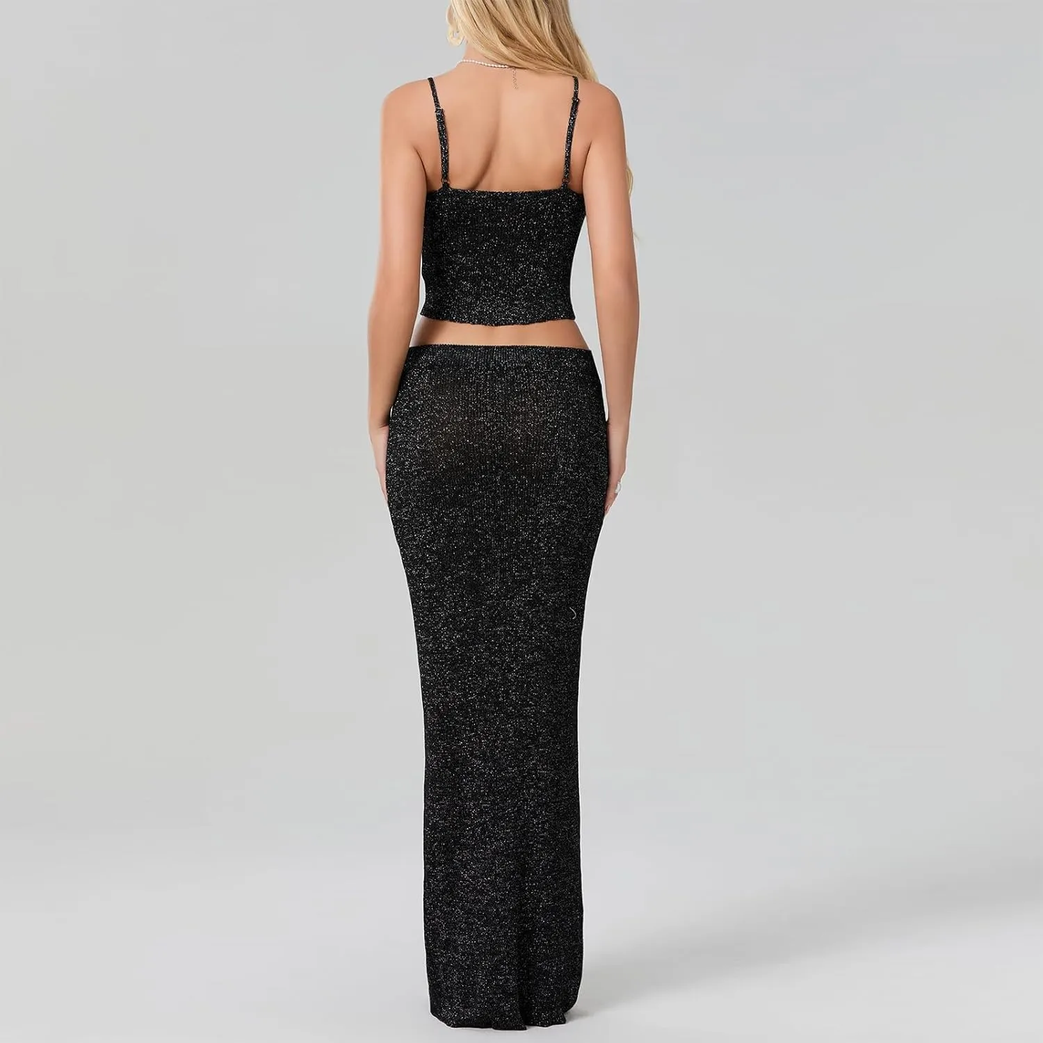Women Summer 2-Piece Bright Silk Skirt Set Spaghetti Strap Scoop Neck Cami Long Skirt Bodycon Outfit