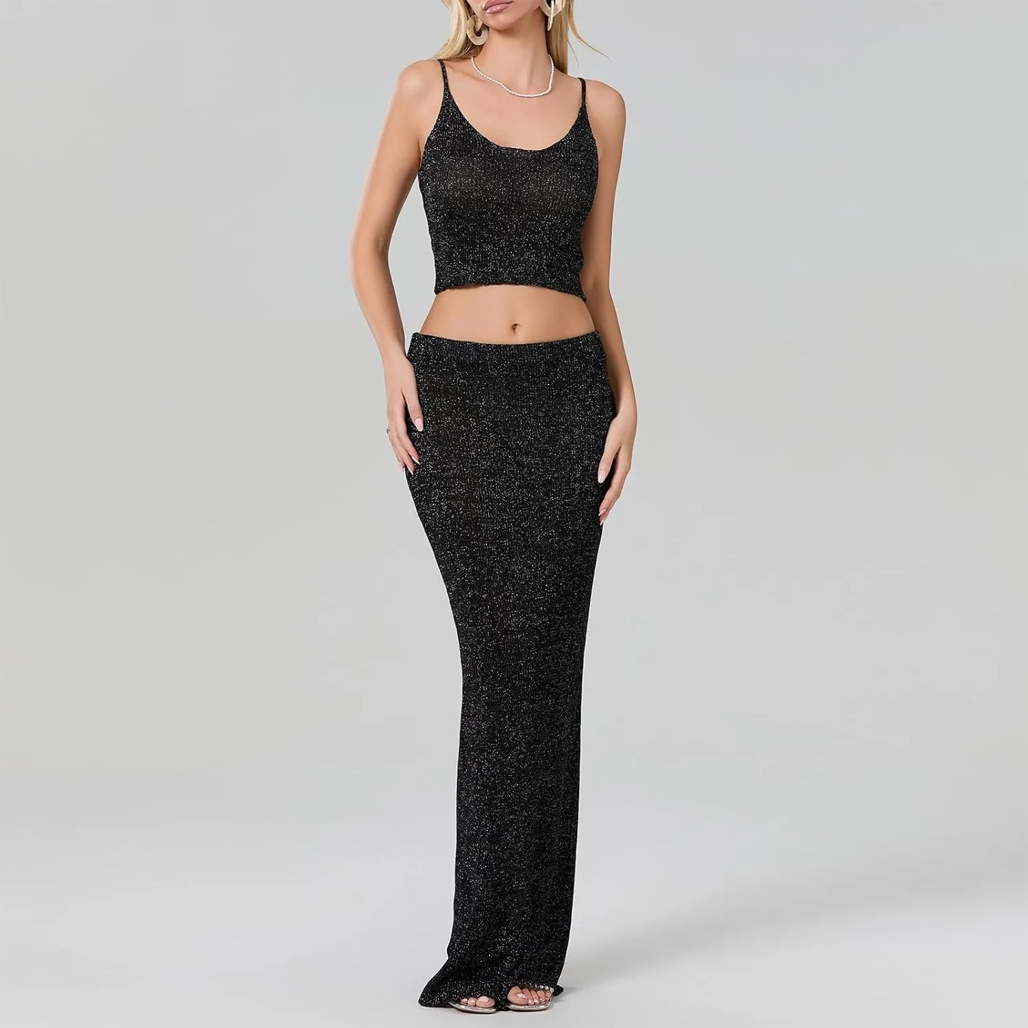 Women Summer 2-Piece Bright Silk Skirt Set Spaghetti Strap Scoop Neck Cami Long Skirt Bodycon Outfit