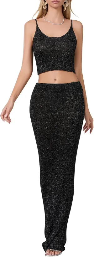 Women Summer 2-Piece Bright Silk Skirt Set Spaghetti Strap Scoop Neck Cami Long Skirt Bodycon Outfit