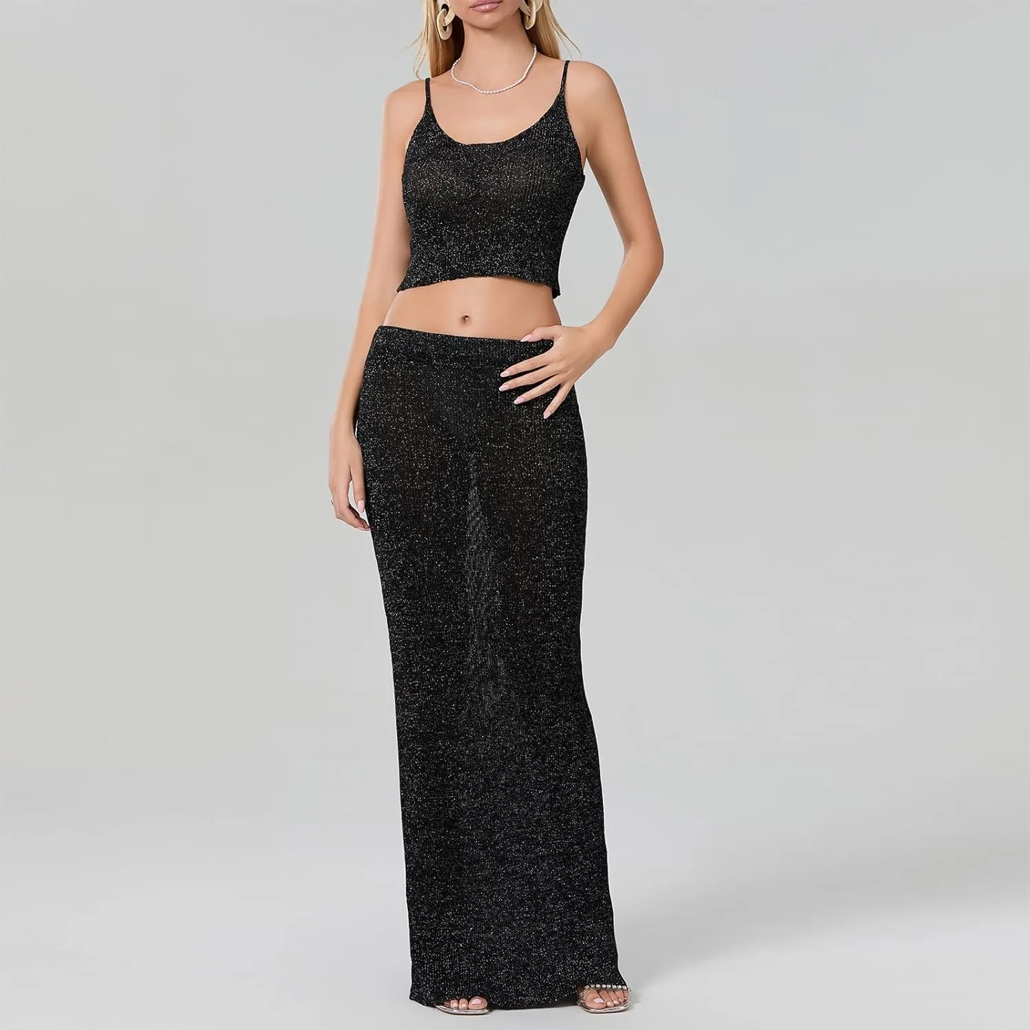 Women Summer 2-Piece Bright Silk Skirt Set Spaghetti Strap Scoop Neck Cami Long Skirt Bodycon Outfit