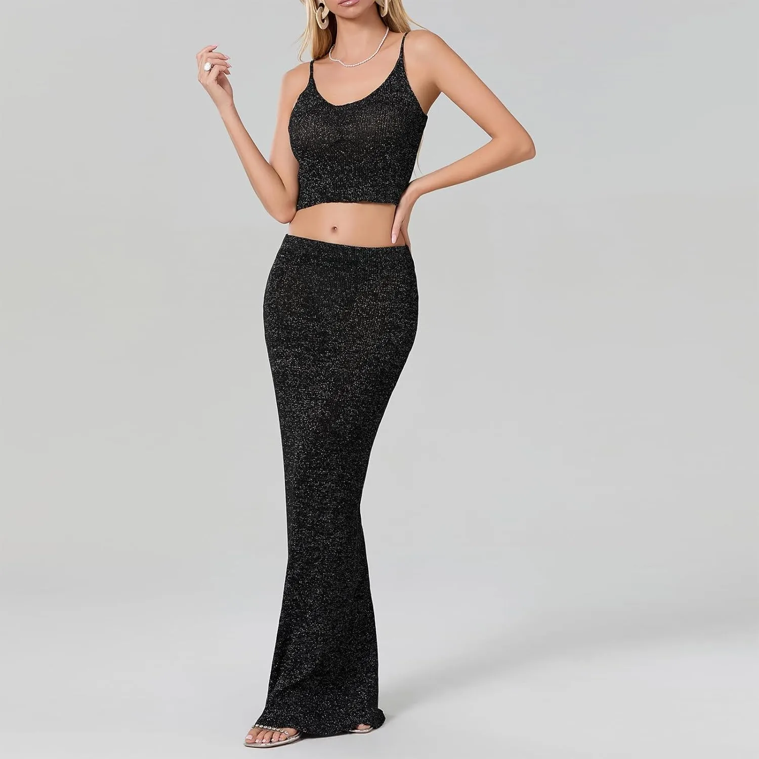 Women Summer 2-Piece Bright Silk Skirt Set Spaghetti Strap Scoop Neck Cami Long Skirt Bodycon Outfit