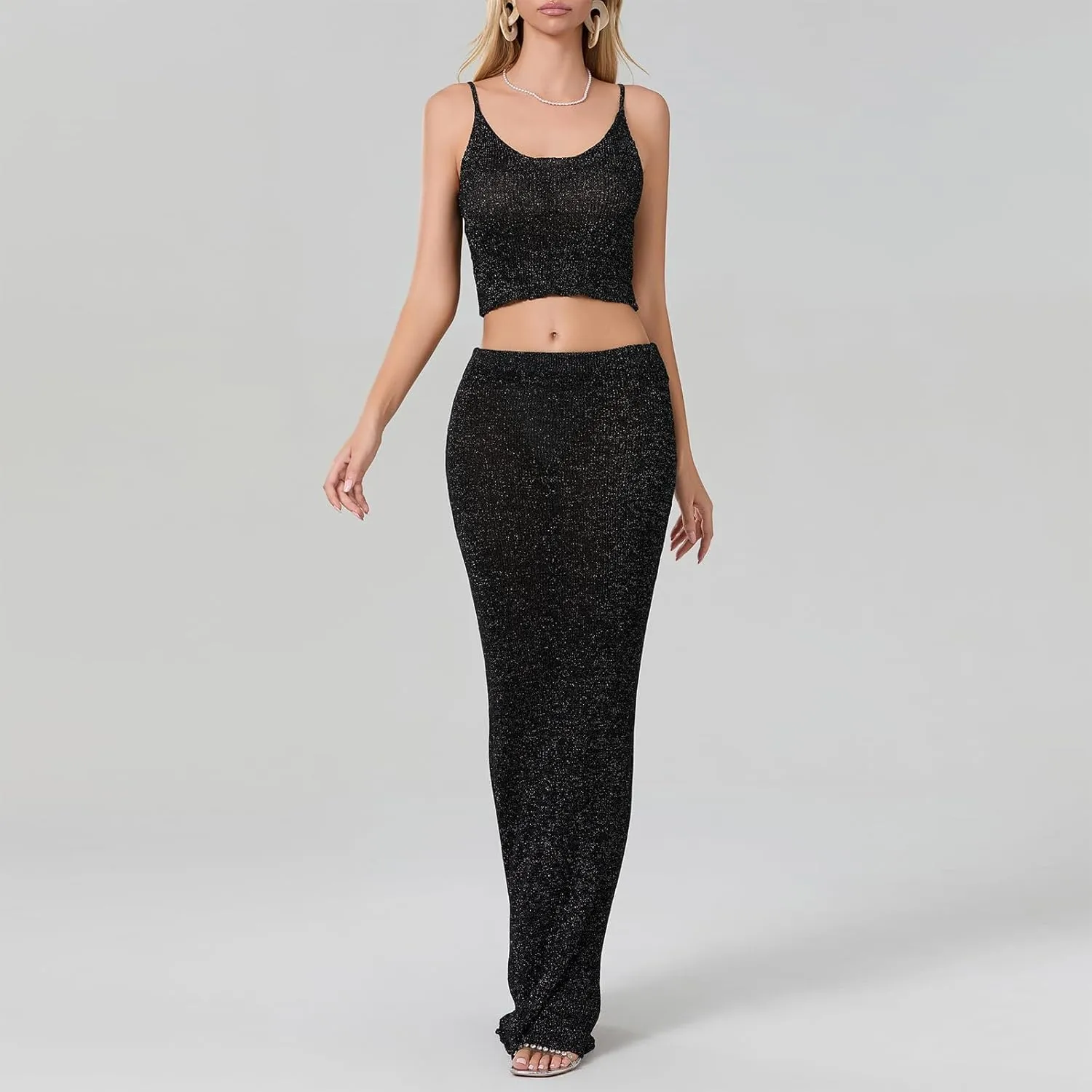 Women Summer 2-Piece Bright Silk Skirt Set Spaghetti Strap Scoop Neck Cami Long Skirt Bodycon Outfit