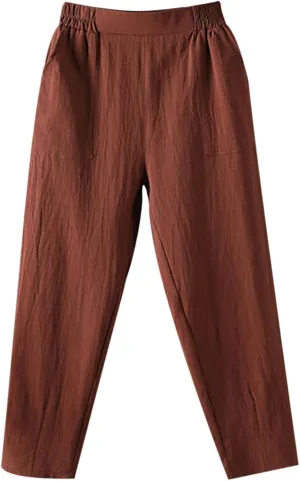 Women Summer Casual Linen Pants Straight Leg Elastic Waist Cropped Pant with Pockets Fashion Holiday Yoga Trousers