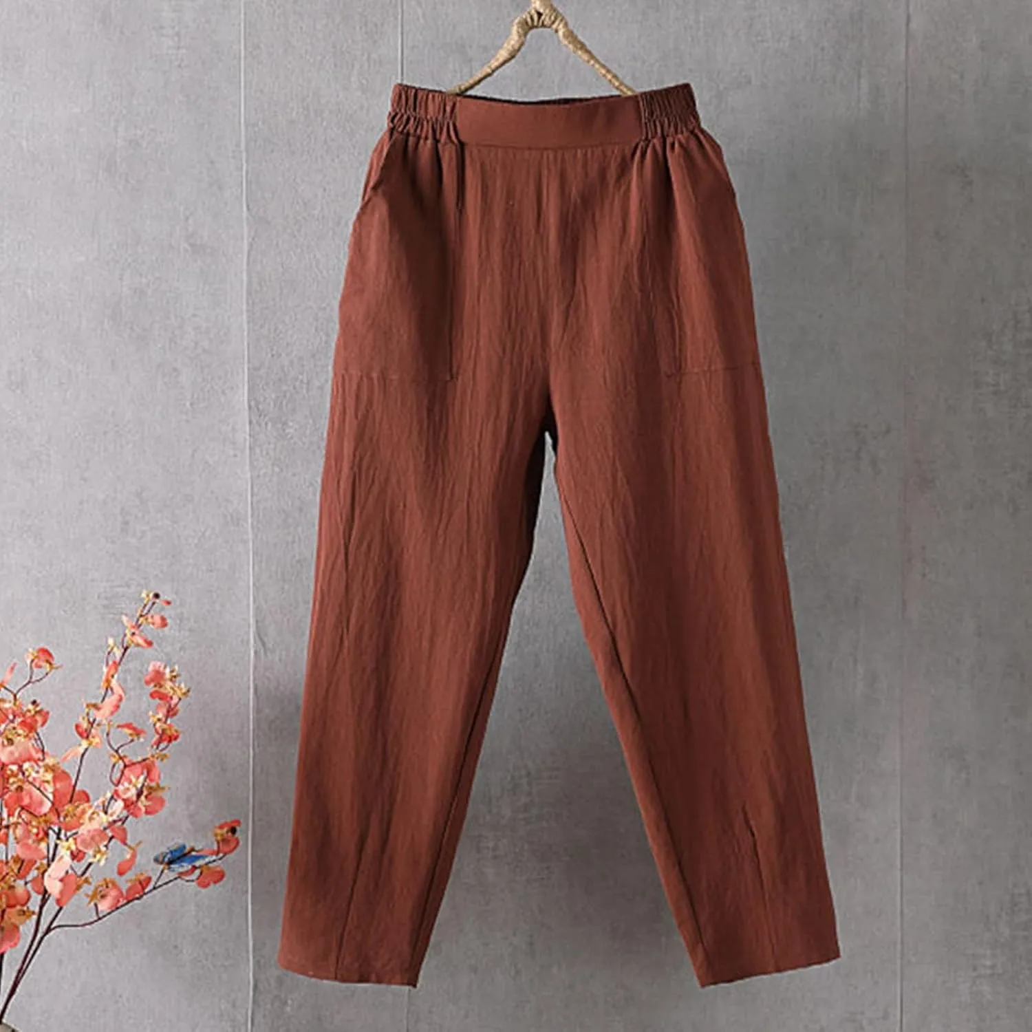 Women Summer Casual Linen Pants Straight Leg Elastic Waist Cropped Pant with Pockets Fashion Holiday Yoga Trousers