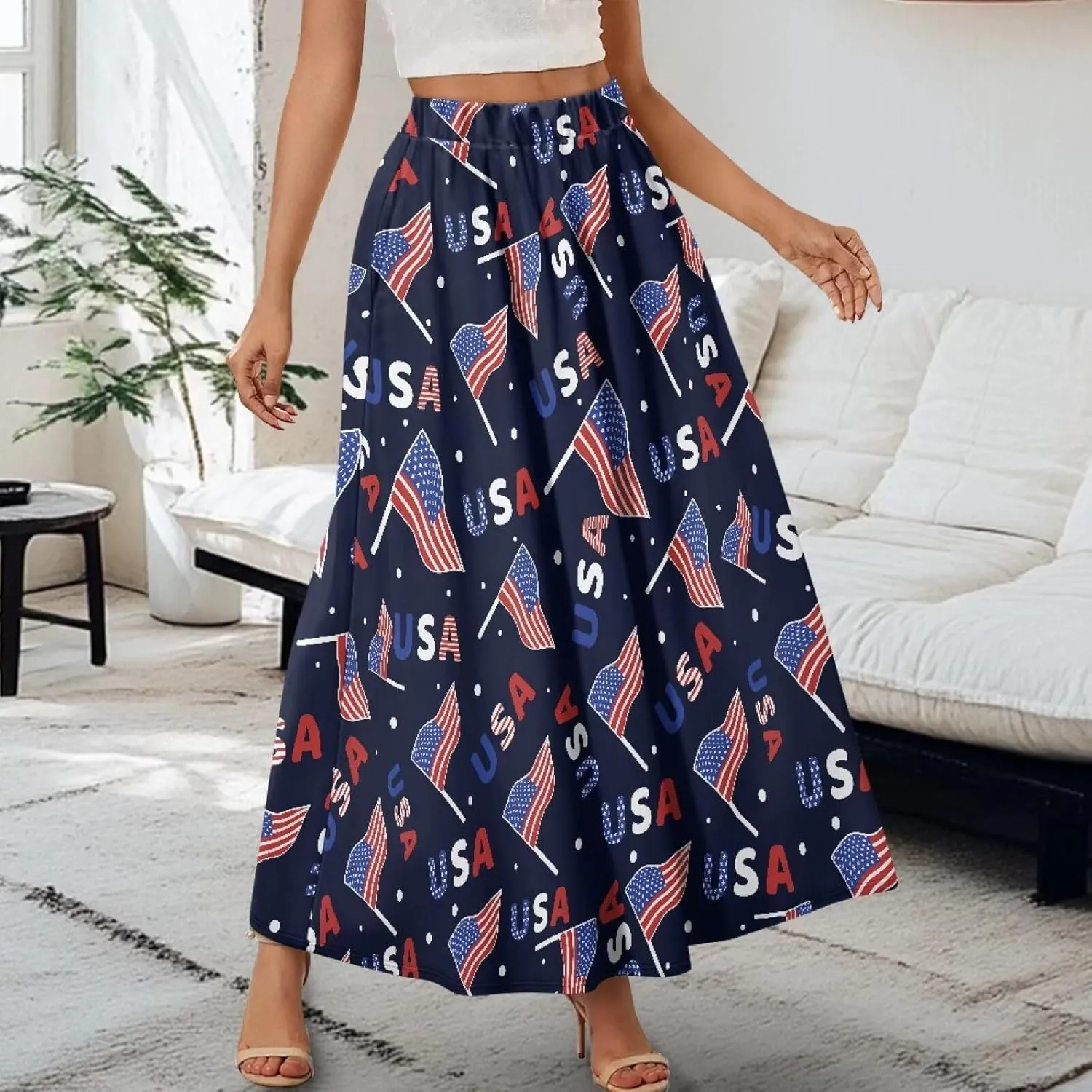 Women Summer Fashion Skirts with Pockets High Waist Pleated A-Line Flared Maxi Skirts Casual Long Skirt S-XXL