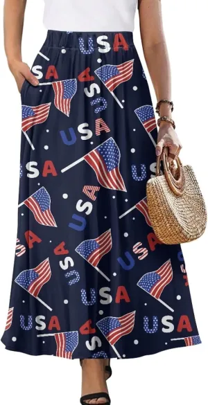 Women Summer Fashion Skirts with Pockets High Waist Pleated A-Line Flared Maxi Skirts Casual Long Skirt S-XXL